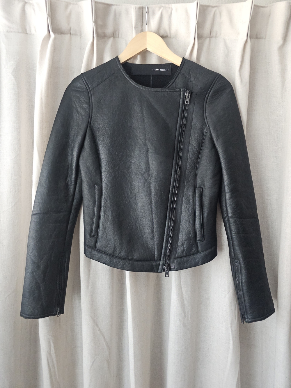 Isabel Benenato Black Leather Asymmetrical Moto Jacket Wool Lined EU 38 XS/S